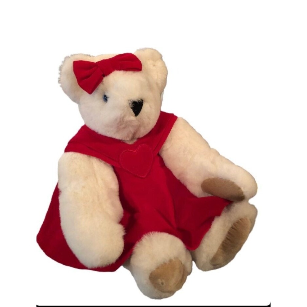 Vermont Teddy‎ Bear White Plush Blue Eyes Red Heart Dress Bow 15 inch Valentine